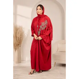 Red Beaded Work Abaya With Top and Pant in Poka Fabric. Comes with Matching Hijab