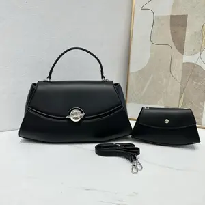 Elegant Leather Handbags 2 Pieces - Black with Silver Hardware & Detachable Strap for Versatile Style