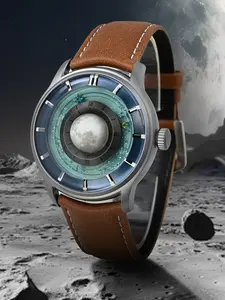 Men's Automatic Mechanical Watch, Galaxy Moon Phase Design, Creative Night Glow Fashion Wristwatch, Stainless Steel Case, Round Analog Face, Automatic Watches