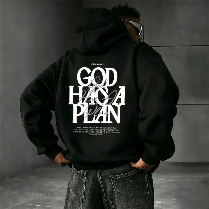 God Has A Plan Men’s Hooded Sweatshirt with Large Letter Print on Back – Faith & Motivation, Loose Fit Pullover Hoodie