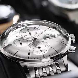 Men's watch with fully automatic mechanical movement, party style, modern and avant-garde, stainless steel dial, cowhide strap, luminous function, calendar, day of the week, year, month, 24-hour display, 30-meter water resistance, 3D curved screen