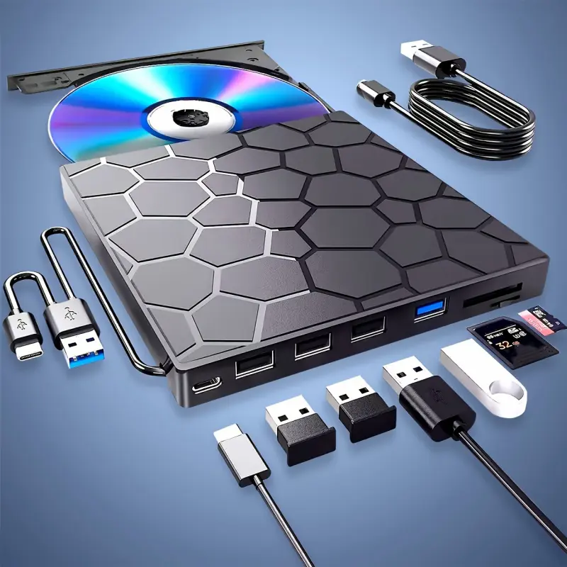 VVIA 8-in-1 Ultra-Slim Portable External CD/DVD Drive for Laptop , Plug & Play Compatible with Windows 11/10/8/7, Mac, Linux, Desktop & Mobile Devices, Modern Tech Accessory, Durable Construction, Home Users, Compact Design, Highspeed Performance