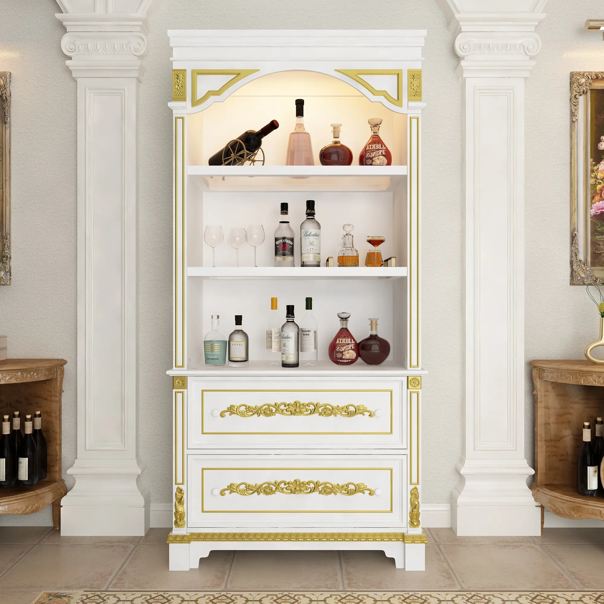 Vintage Decorative Arch Bookcase - 2 Drawers & 3 Shelves Display Bookshelf with Carved Patterns White & Gold Finish