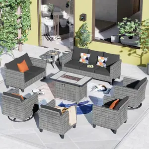 OVIOS Vultros 8-Piece Outdoor Patio Conversation Set with 42" Fire Pit Table & Swivel Chairs, All-Weather Wicker Furniture with Cushions for Backyard Patio Garden Balcony Outdoor Seating Furniture