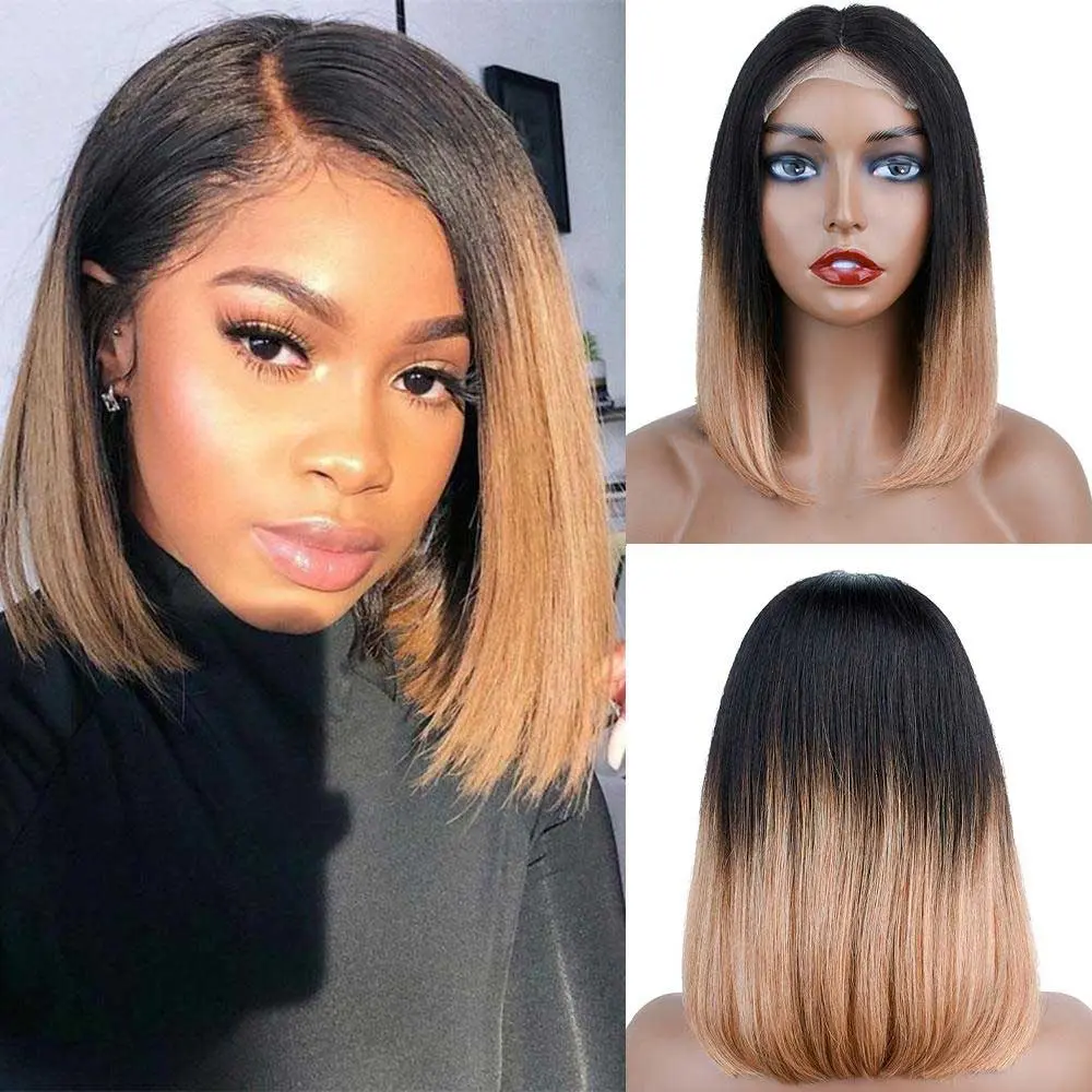 Short Straight Bob Wigs Human Hair 4x4x1 T Part Lace Closure Wig Ombre 1B Blonde #27/Orange/BURG/Darkgreen Blonde Wigs Brazilian Wig
