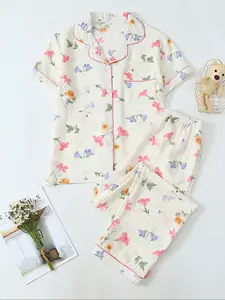 Women's Two-Piece Pajama Outfit Set Loungewear Nightwear, Casual Comfortable Lapel Pocket Woven Shirt Short Sleeve Fitted + Elastic Waist Home Pants, All-Season Floral Print