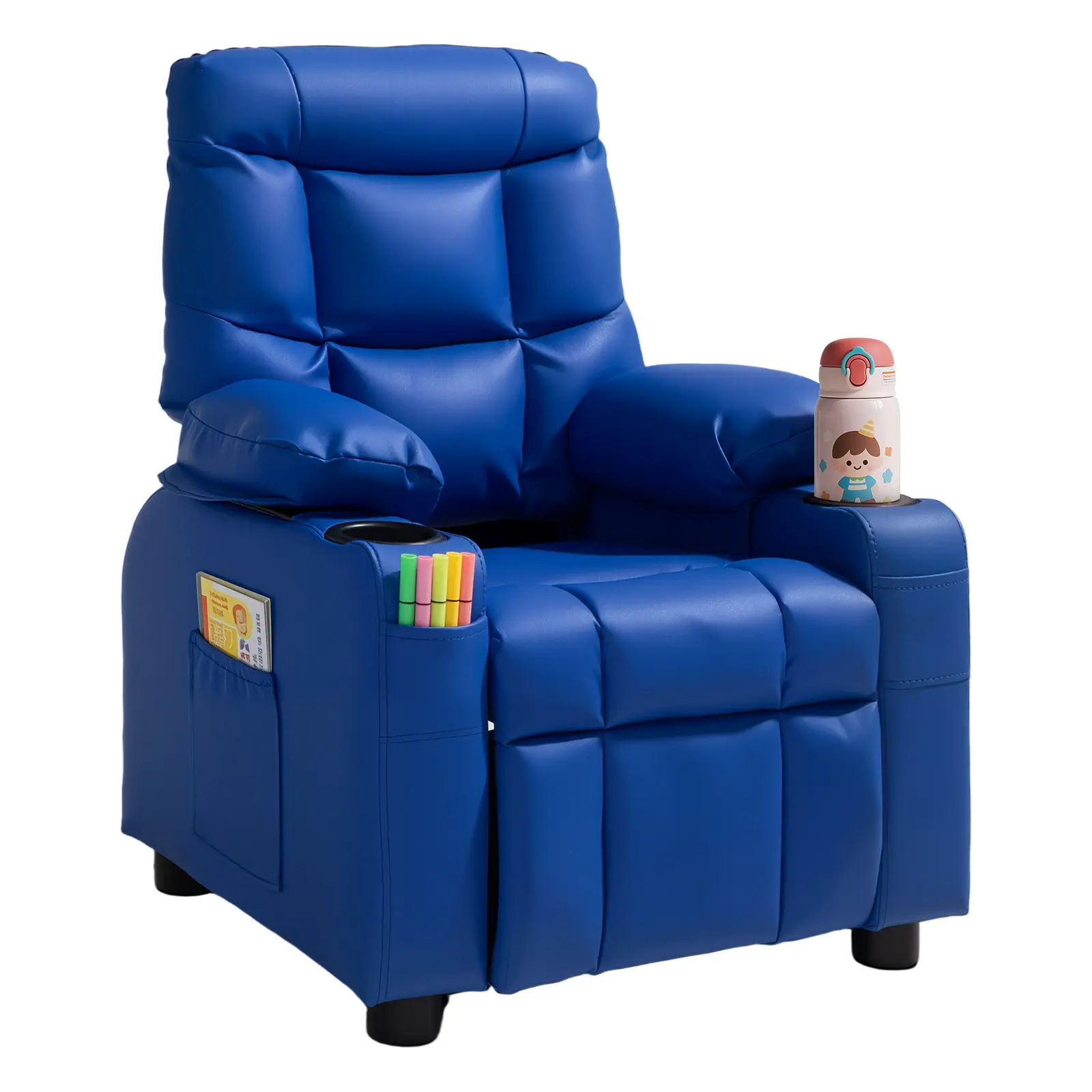 【SummerFinds】VEVOR Toddler Soft Recliner Chair, Kids PU Leather Armchair with Ergonomic Wood Frame, 2 Cup Holders, 4 Pockets, 107°-126° Adjustable Back & Footrest, Easy-to-Clean, No Memory Foam, 110 lbs Capacity, for Reading, Playrooms (Blue), Armrest, St