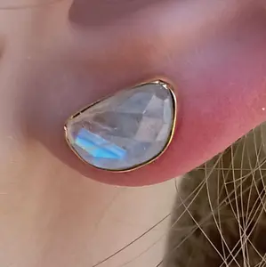 Half Moon Rainbow Moonstone Earrings - Elegant Design with Reflective Finish