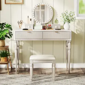 Modern Makeup Vanity with Round Mirror, Luxury Champagne Vanity Table with Chair and 4 Storage Drawers, Fluted Makeup Desk Dressing Table for Bedroom