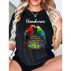 Lady's Short-Sleeve Round Neck Cotton Loose Casual "Honduras" Parrots & Cultural Landscape Streetwear T-Shirt - Central American Heritage Garment