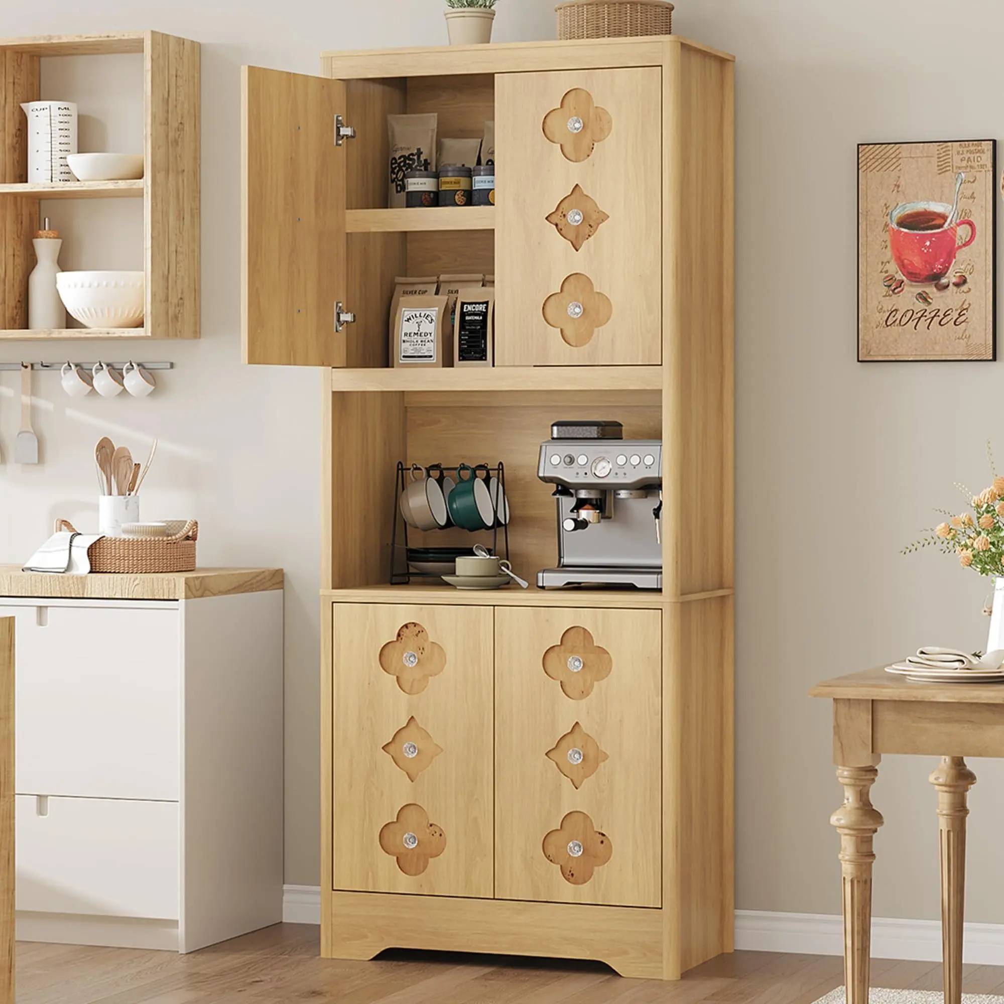 GAOMON 72" Height Light Oak Freestanding MDF Wood Pantry Cabinet, Kitchen Hutch with Stain-Resistant Countertop for Microwave, Carved Door & Crystal Handle, Anti-Tip Kit Included, for Dining & Living Rooms