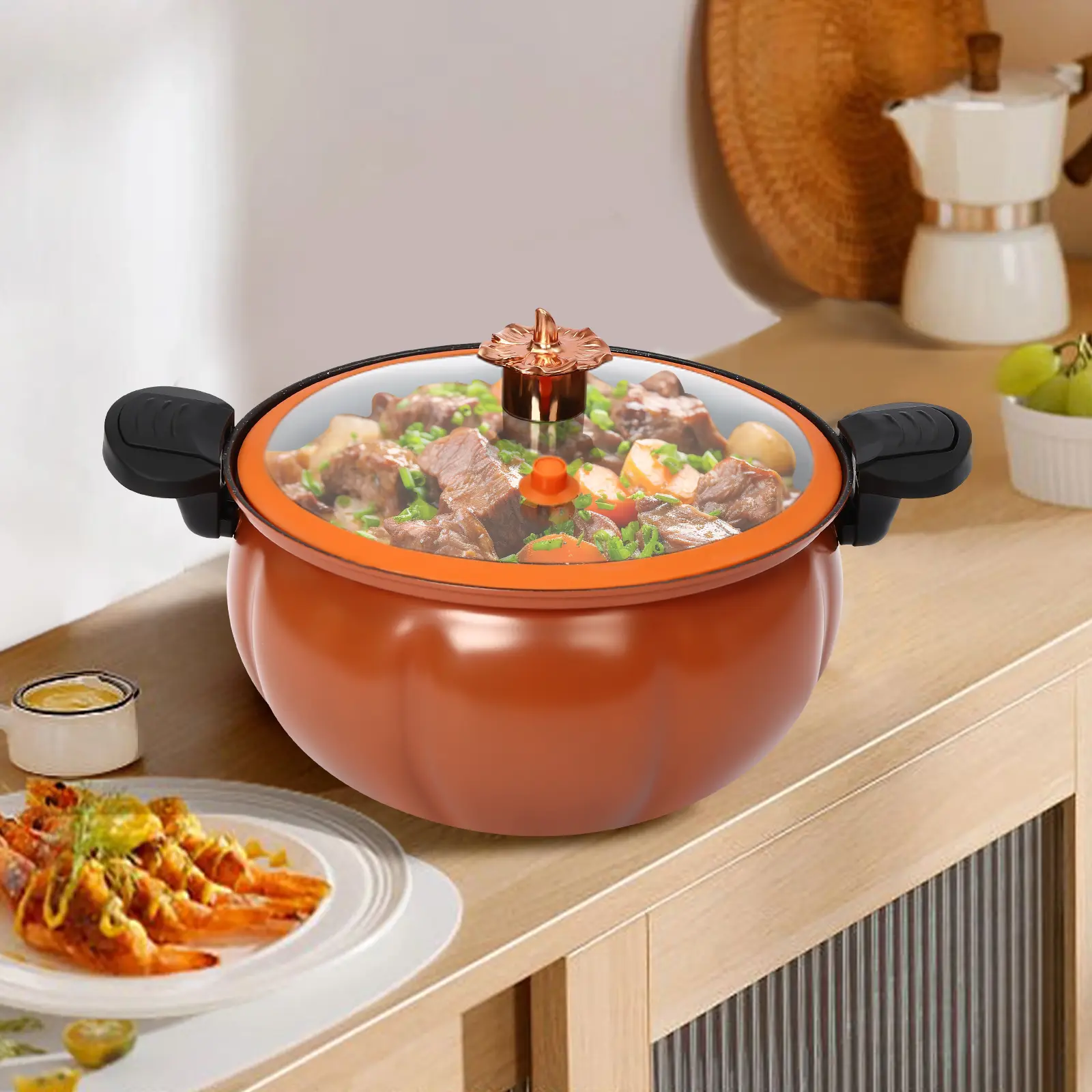 8L Pumpkin-Shaped Micro Pressure Cooker, Non-Stick Iron Cookware with Clear Lid and Handles, Fast & Even Heating Orange Large Pot