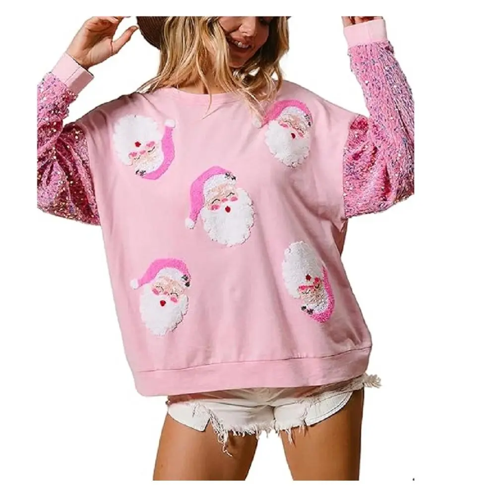 Women's Glitter Sequin Sweater - Baggy Oversized Loose-Fitting Crewneck Pullover, Christmas Santa Graphic Sparkly Long Sleeve Athletic Activewear, Party Basics Clothes, Comfortable Holiday Street Top, Polyester