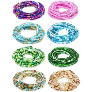 8 Pieces 50 Inch Handmade Waist Beads African Belly Chain Plus Size Belly Body Beads for Women Colorful Waist Jewelry Accessories