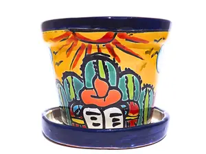 MEXTEQUIL - Talavera Mexican Pottery Planters with Saucer 4" Rancherito - Cactus - Sun Pot Hand Painted Ceramic Plant Pot Planter Indoor Outdoor (Rancherito)