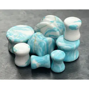 PAIR of Stunning Sky Turquoise Stone Double Flare Plugs - Gauges 2g (6mm) thru 5/8" (16mm)