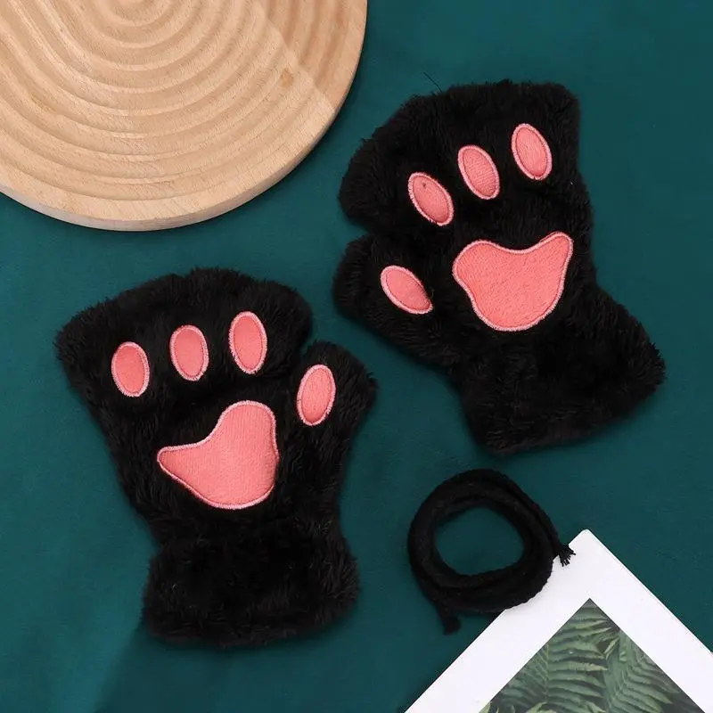 New Winter Gloves Women Bear Plush Cat Paw Claw Gloves Cute Kitten Fingerless Mittens Christmas Halloween for Girls Gift Gloves