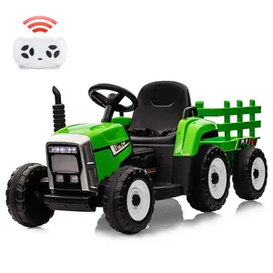 GARVEE 12V Electric Tractor with Trailer: Toddler Ride-On Car, Remote Control, 7-LED Headlights, 2+1 Gear Shift, MP3/USB, for Ages 3-6, Available in Green with 25W or 35W Motor Options and Tread or EVA Tires.