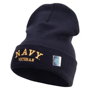 Made in USA Navy Veteran Letters Logo Embroidered 12 Inch Solid Knit Cuff Long Beanie