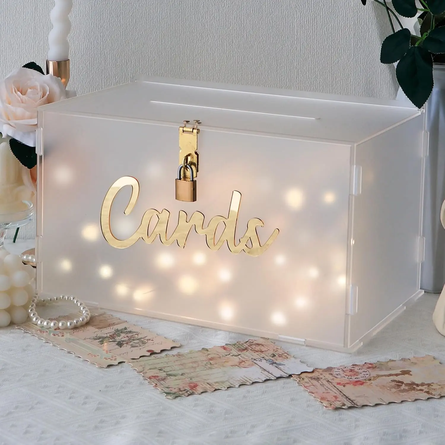 Frosted Acrylic Wedding Card Box with Lock, Large Safety Organiser with Slot and String Light for Wedding Reception, Easy Installation Home Box