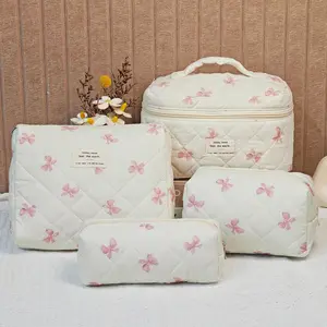 4 Counts Quilted Makeup Floral Bag Set, Bow Shopping Bag, Different Sizes Cosmetic Storage Bag, Zipper Makeup Organizer Pouch, Versatile Storage Bags for Travel, Office, Home, Gifts for Girlfriend, Birthday Gift, Makeup Brushes Bag Makeup Products