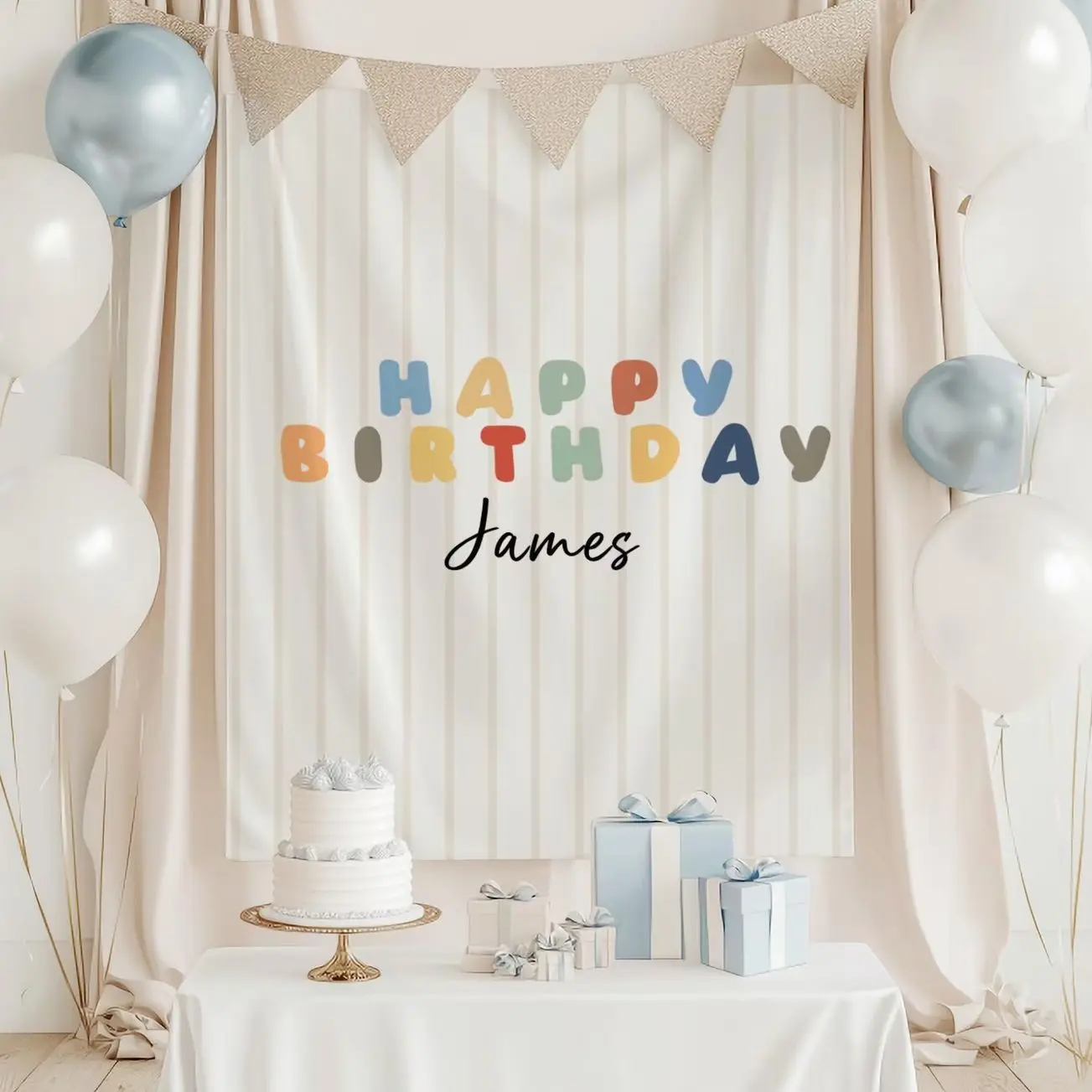 Personalized Birthday Backdrop Happy Birthday Banner First Birthday Boy Party Decor Custom Name Birthday Sign Neutral Kids Birthday Backdrop