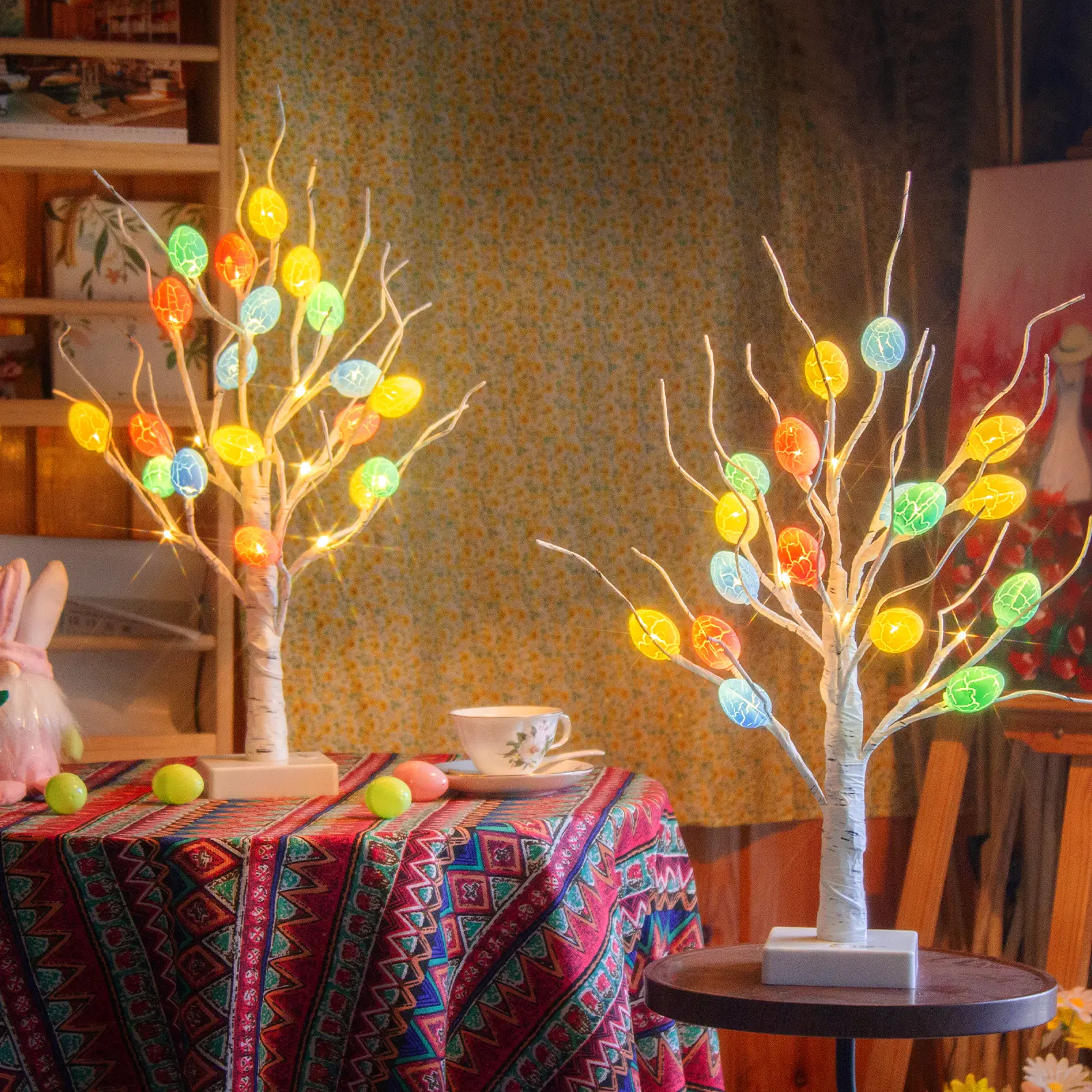 EAMBRITE 2-Pack 22in Pre-Lit White Birch Tabletop Easter Tree, 36 Cracked Egg Decorative Festive Ornaments, 36 Egg Accents, LED Lights, USB A & Dry Battery Powered Indoor Easter Centerpiece Home Decor, Decorative Ornaments
