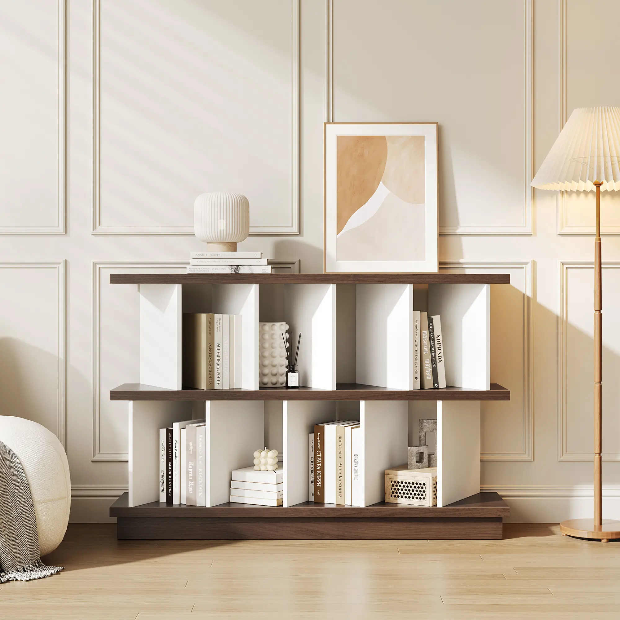 Modern 8-Cube Geometric Low Bookcase with 10 Removable Back Panels, Versatile Modular Cube Storage Organizer & Display Shelf for Living Room, Bedroom & Home Office, Easy Assembly, Walnut & White