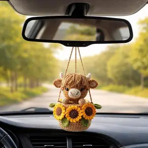 Crocheted Highland Cow Car Charm with Sunflowers, Boho Farmhouse Rearview Decor, Sunflower Pot Hanging Decor, Amigurumi Accessory
