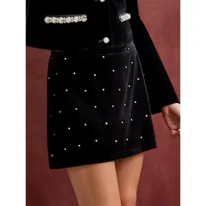 Cider Velvet Mid Rise A-line Mini Skirt With Rhinestone Dots