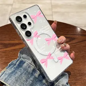 Magnetic transparent phone case is compatible with Samsung Galaxy S26, S25/S24/S23/S22. It features a shockproof and drop-proof magnetic design, a stylish bow pattern, and is suitable for everyday use
