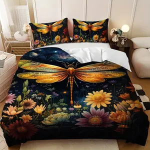 Bedding 3-piece set - 3PCS,Spring Joyful Golden Brown Dragonfly Floral Design Down Comforter Set (1 comforter cover + 2 pillowcases, filling not included) - soft and comfortable, suitable for family bedrooms.