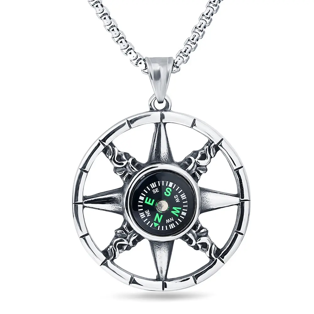 Titanium Steel Voyager Compass Pendant Necklace, Preppy Adventure Exploration Nautical Fashion Costume Jewelry Charm, Adventure Necklace, Exploration Necklace