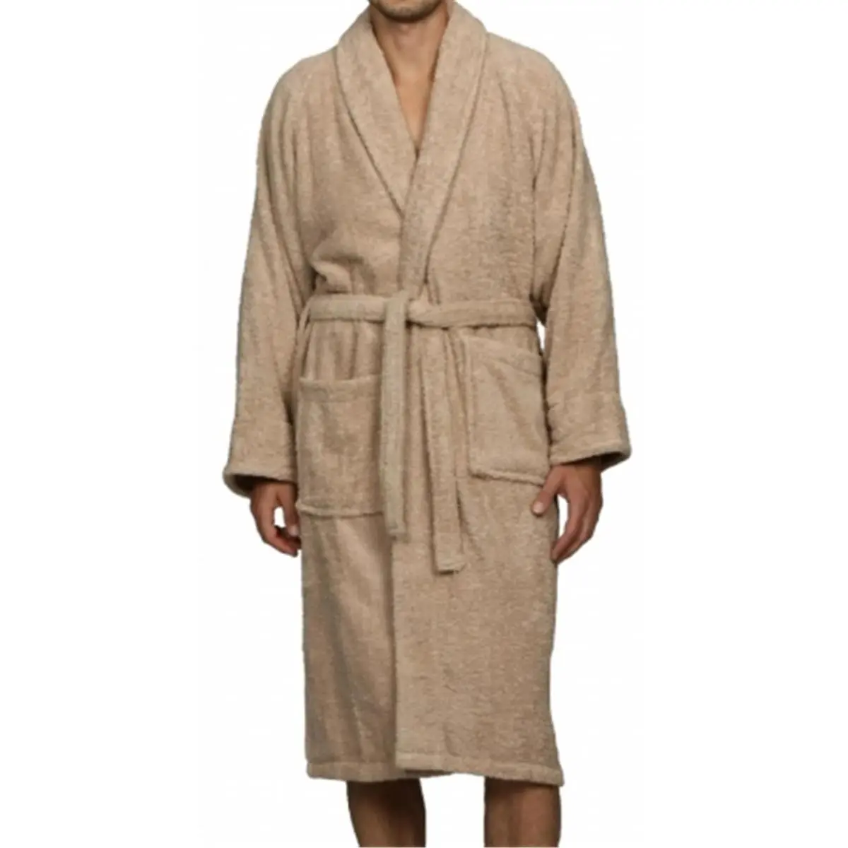 212 MAIN Unisex Long Sleeve Superior Egyptian Cotton Terry Bath Robe - Taupe, Large, Adjustable Cuffs, 2 Pockets (Modest Fashion, Men's Islamic Clothing), Two Pockets