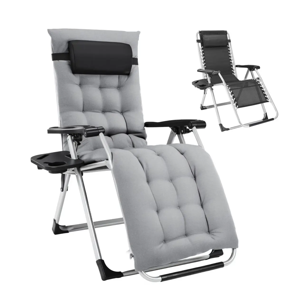 Zero Gravity Lounge Chair, Heavy-Duty Folding Recliner for Patio & Lawn with Adjustable Backrest, Detachable Cushion, Headrest Pillow & Side Tray,Gray