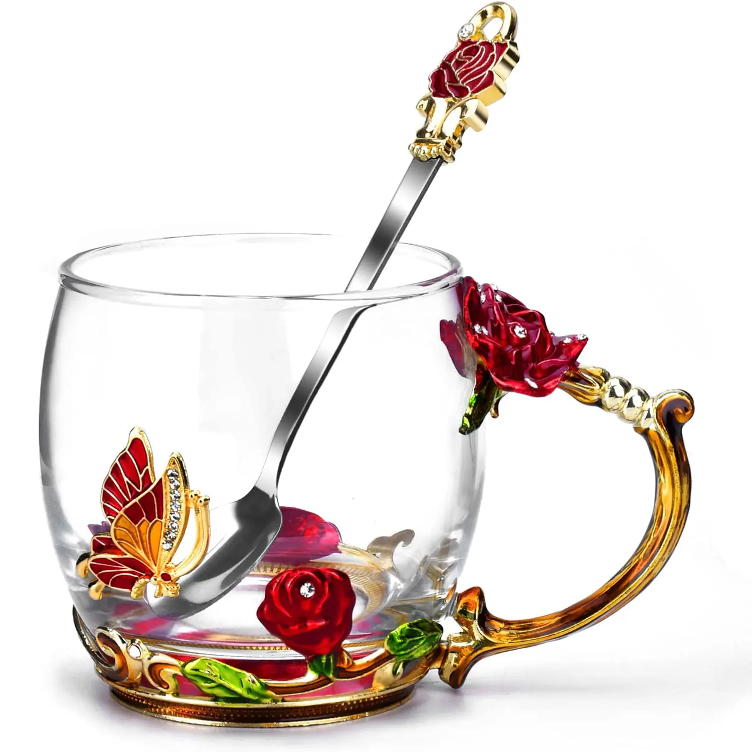 Handmade 3D Butterfly Enamel Eco-Glass Tea Cup Mug - Lead-Free Kitchen Drinkware with Sturdy Handle, Ideal Gift for Office Ladies-Teachers from Daughter-Son for Mother’s Day-Birthday, Office Lady