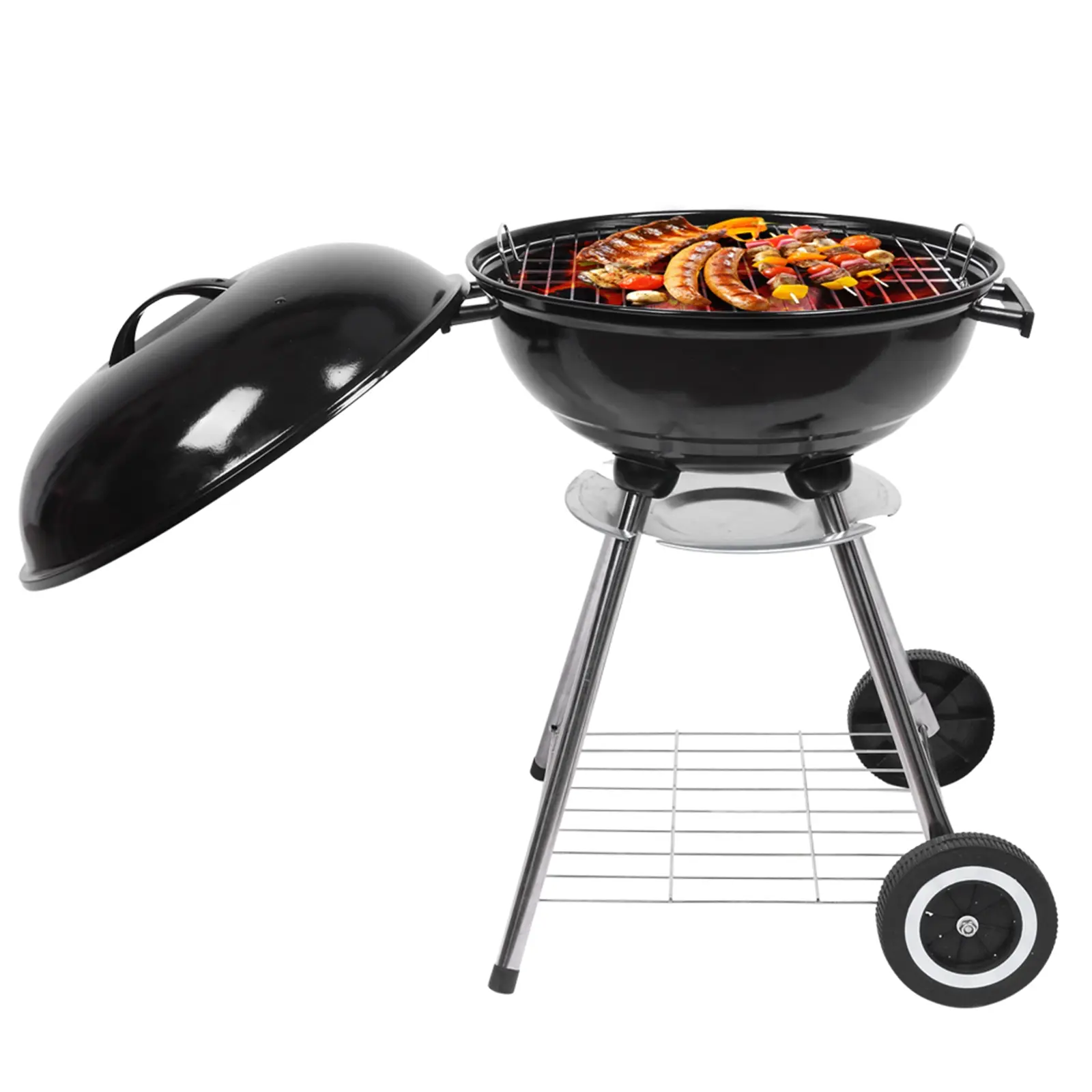 18-Inch Charcoal Grill with Lid, Enamel-Coated Kettle BBQ Grill with Ash Catcher and Adjustable Air Vents, White Side Wheels for Outdoor Cooking, Camping