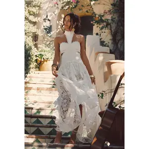 Women's Princesa White Sheer Lace Drop-Waist Bridal Maxi Dress, Summer Casual Wear