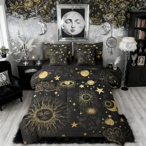 Sun and Moon Comforter Set with Sheets | Starry Sky Series Stars 7-Piece Bedding Set,Bohemian Bed in a Bag,Gold Sun Face Pattern Galaxy Cosmic Planets Bed Sets