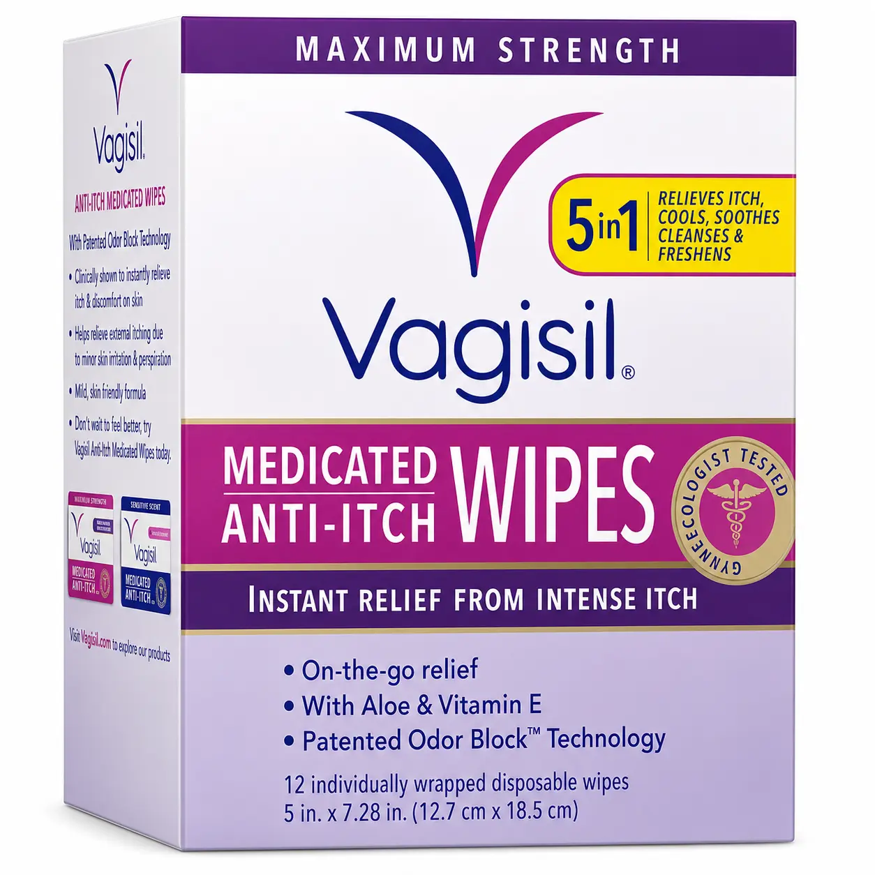 Vagisil Anti-Itch Medicated Feminine Intimate Wipes for Women, Maximum Strength, Gynecologist Tested, 12 Wipes (Pack of 1)