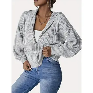 Women’s plain drop-shoulder zip-up hooded cardigan, casual long-sleeve knitwear for fall and winter, women’s clothing for everyday wear