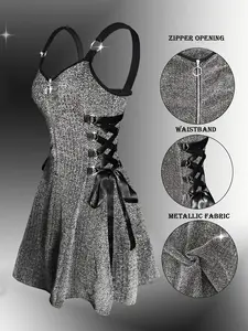 Y2K Metallic Elastic Knit Party Dress, Glitter Material, Side Waist Tie, Zipper Opening, Young Fashion Women's Dress