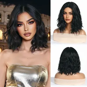 A stylish, center-parted short curly wig featuring a full-coverage design, a flowing water-wave texture, and a high-street aesthetic. Pre-trimmed and styled for effortless wear.
