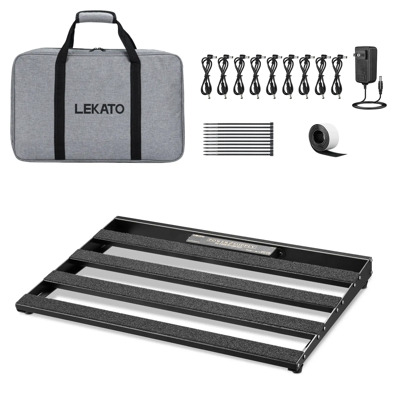LEKATO Pedalboard, Pedal Board with Built-in Power Supply, 19x12.2x1.8" 2.97LB, Aluminium Alloy Guitar Pedal Board with Carry Bag, Pedal Cables, Adhesive Hookside Tape