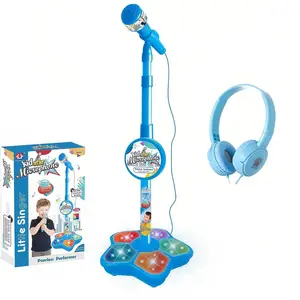 Kids Karaoke Microphone with Adjustable Stand,Standing Mic for Portable Singing, Retractable Headset for Music Sing-along,Flashing Stage Light Base for Aged 3-6 Boys Girls （Blue）