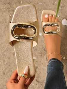 Women's Metal Buckle Flat Sandals, Square Toe Open Toe Slip-On Slippers, Casual Comfortable Outdoor Commuter Daily Wear