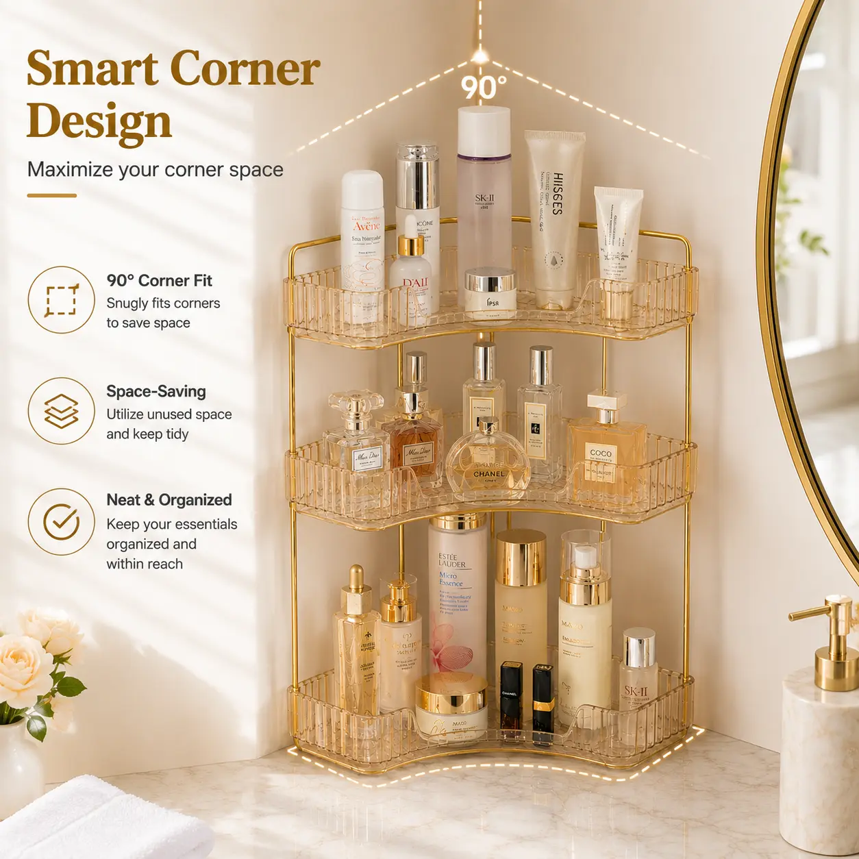 3-Tier Clear Acrylic Corner Shower Caddy Organizer with Gold Metal Frame, Space-Saving Home Storage Rack for Bathroom & Bedroom, Light Luxury Vanity Cosmetic Holder makeup kg capacity