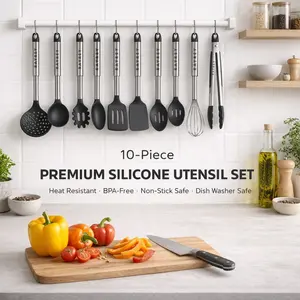 RAYREY 10-Piece Premium Silicone Kitchen Utensil Set with Holder Heat Resistant BPA-Free Dishwasher Safe Nonstick Cookware Safe Cooking Tools Stainless Steel Handles Durable Easy to Clean