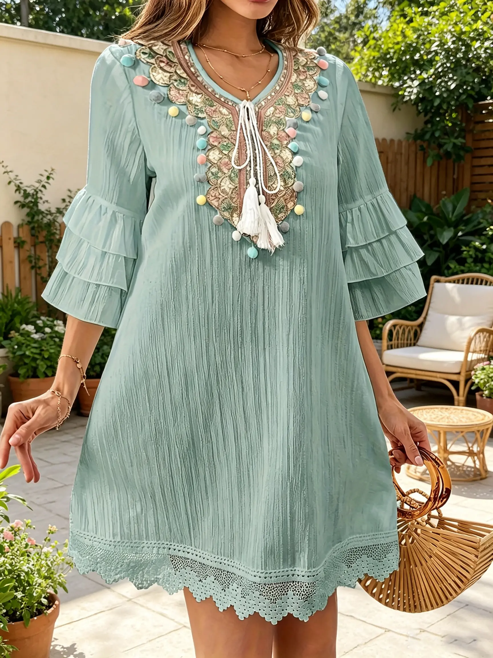 Women's Summer European-American Bohemian Embroidered Tassel Pom-Pom Loose Versatile Sports Dress for Vacation