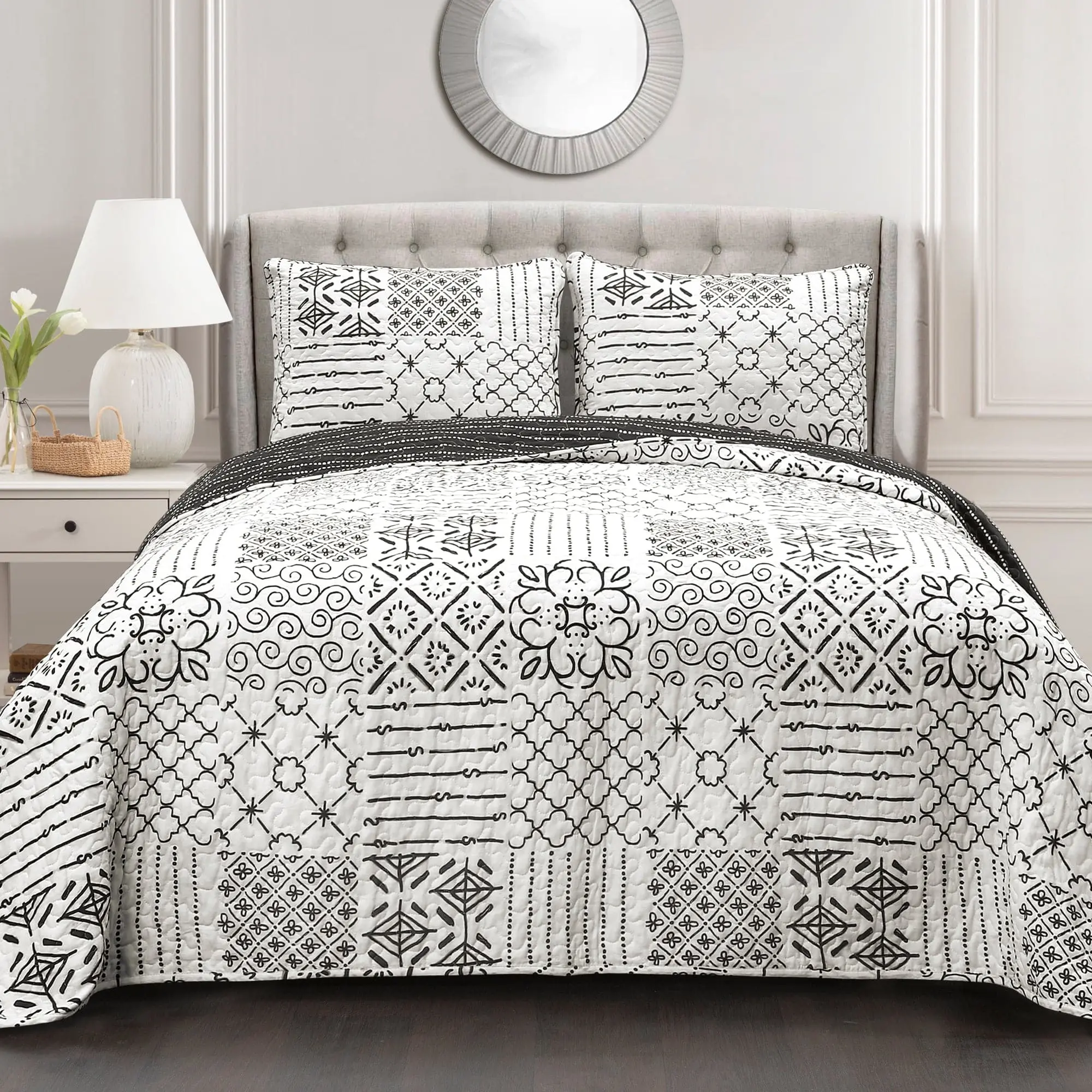 Lush Decor Monique 3 Piece Quilt Set - Patchwork Print & Stripe Design, Reversible, OEKO-TEX Certified, King & Full/Queen Sizes, Country Farmhouse Style